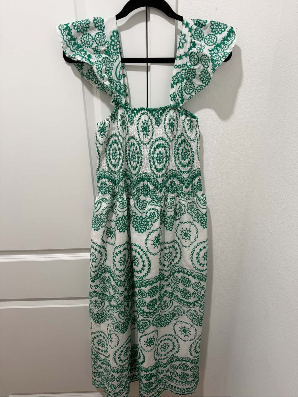 Green Embroidered Square-Neck Maxi Dress with Smocked Bodice and Flutter Sleeves - Picture 2 of 5